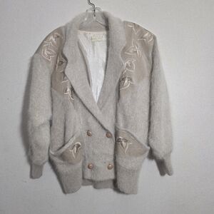 Mohair Double-Breasted Taupe Cardigan with Faux Leather Embroidered Details